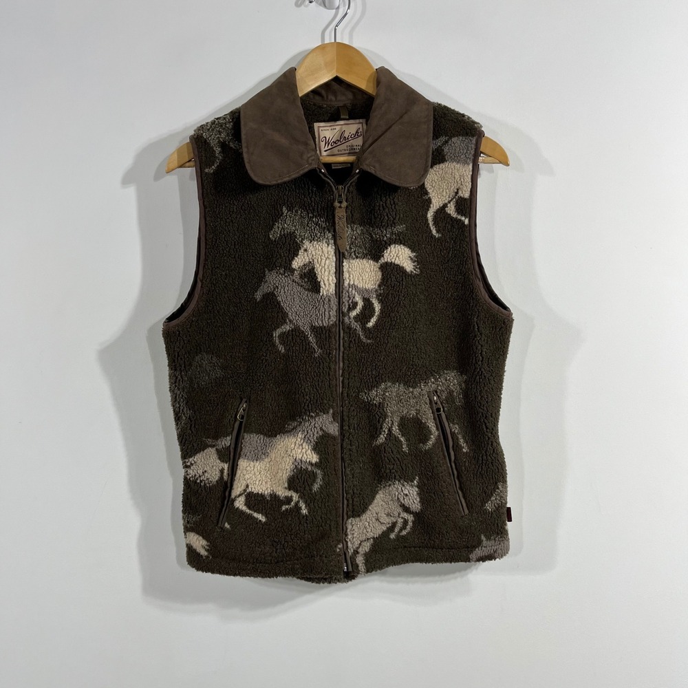Woolrich VTG Equestrian Brown Horse Print Fleece Vest Suede Collar Womens Small